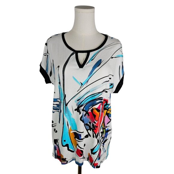 Dolcezza Art-Inspired Top Medium Abstract Print White Black Artsy Maximalism - Picture 1 of 10